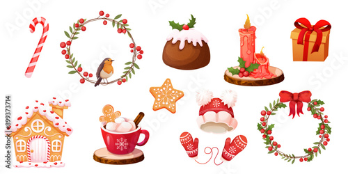 Set Traditional Pudding, Christmas cake, gingerbread cookies, cup with hot chocolate,winter dessert, pastry with cream, candle, garland winter sweater