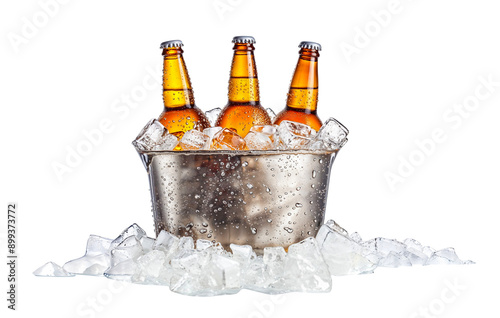 Ice Cold Refreshment: Three chilled bottles of beer nestled in a silver bucket, surrounded by glistening ice cubes, a perfect visual for a thirst-quenching beverage.  