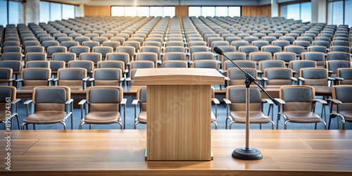 A podium in a conference room with microphone and seating arrangement, podium, conference, room, microphone, seating