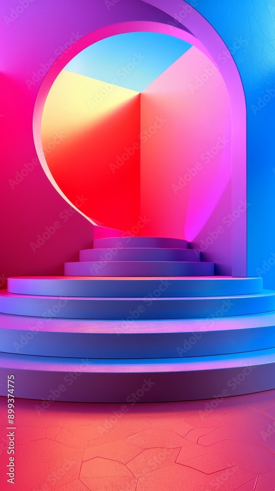 Obraz premium A sequence of actions leads to a room featuring a red, blue, and pink color scheme, with a central spiral staircase