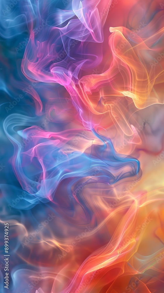A blue, red, yellow, and pink multi-hued backdrop with a substantial smoke plume rising from its peak A blue, red, yellow, and pink multi-hued backdrop with a substantial smoke plume rising from its peak