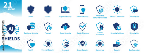 Shield Icon. Set of icons for technology, protection, security, data, insurance, safety, biometrics, artificial intelligence, health. Solid vector icon