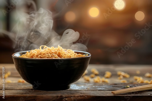 A steaming bowl of instant noodles sits on a wooden table, inviting warmth and comfort in a cozy evening setting. Generative AI