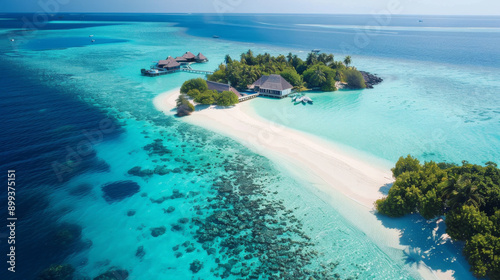 Bird eye view of the crystal-clear waters and white sands of Maldives
