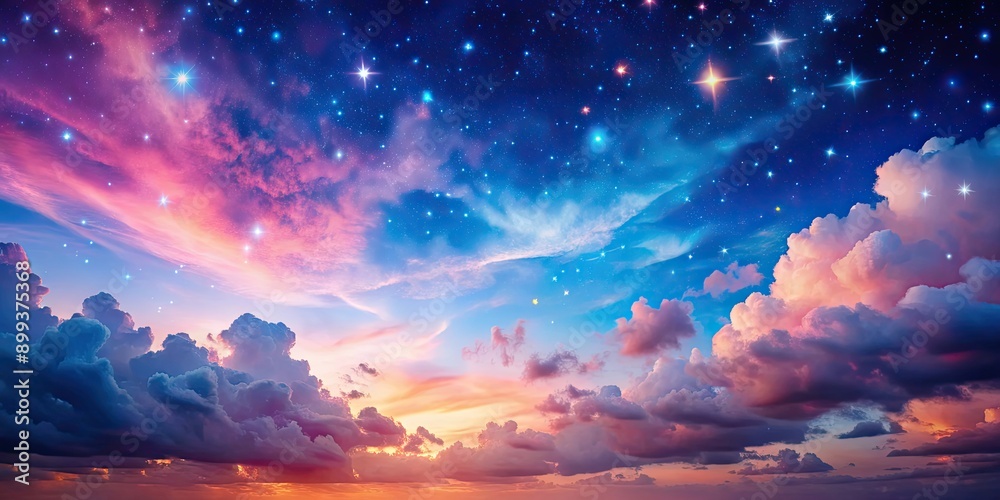 Fototapeta premium Starry sky over pink and blue clouds during sunset , starry, sky, pink, blue, clouds, sunset, colorful, evening, dusk