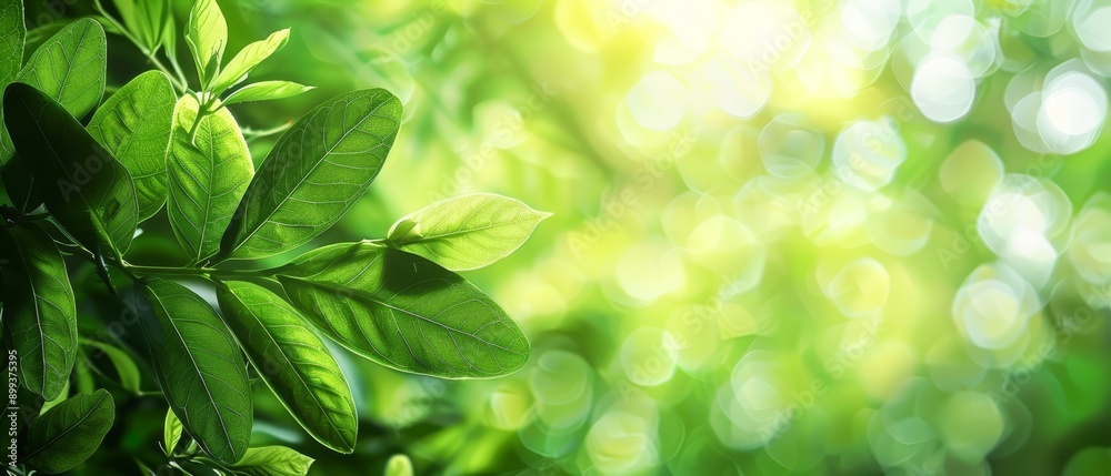 A tight shot of a green plant with leafy foliage against a backdrop of vibrant green bokeh from a nearby light source