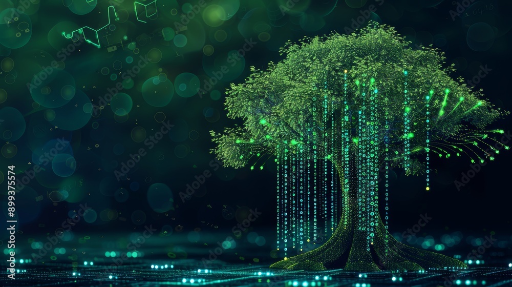Obraz premium A creative illustration of a digital tree with binary code leaves, symbolizing the integration of technology and green initiatives.