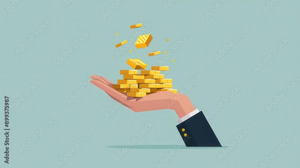 Obraz premium Hand Holding Gold Bars with Coins Falling