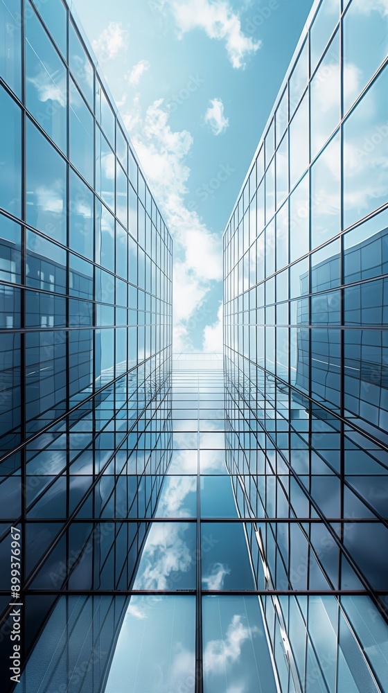 A towering structure with numerous windows lining its facade against a backdrop of blue sky A towering structure with numerous windows lining its facade against a backdrop of blue sky
