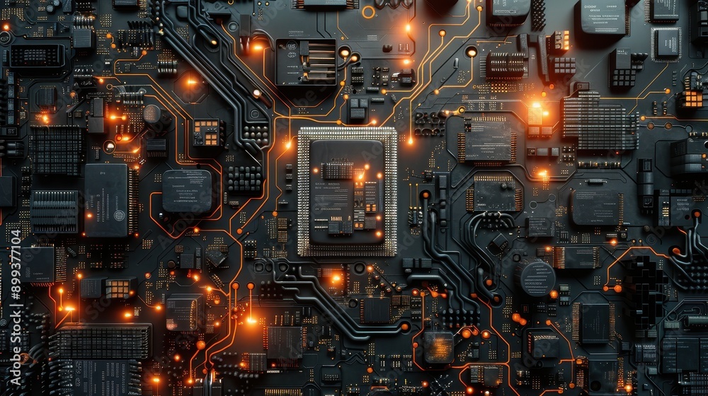 High-Tech Circuit Board with Glowing Orange Lights and Complex Electronic Components High-Tech Circuit Board with Glowing Orange Lights and Complex Electronic Components