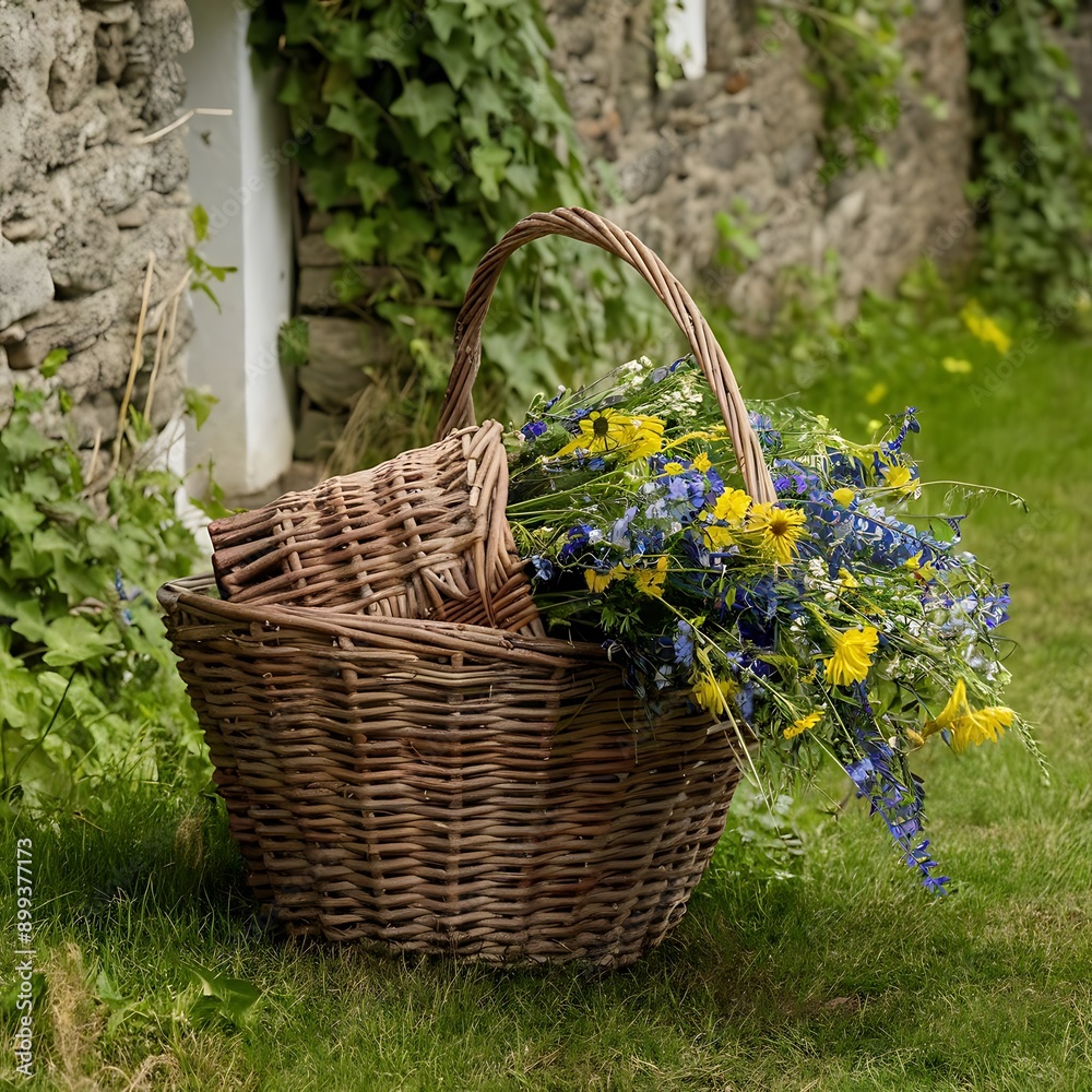 An old-fashioned wicker basket overflowing with blue, yellow, and purple wildflowers sits on a grassy patch near a charming stone wall draped in ivy, adding rustic elegance to the countryside An old-fashioned wicker basket overflowing with blue, yellow, and purple wildflowers sits on a grassy patch near a charming stone wall draped in ivy, adding rustic elegance to the countryside