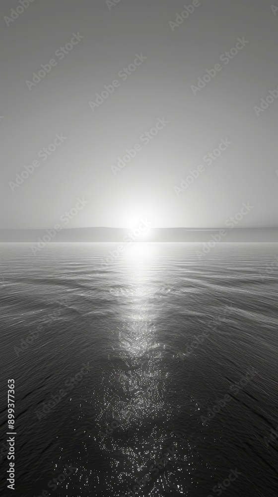 Obraz premium A black-and-white image of the sun sinking into a body of water, with the ocean in the foreground