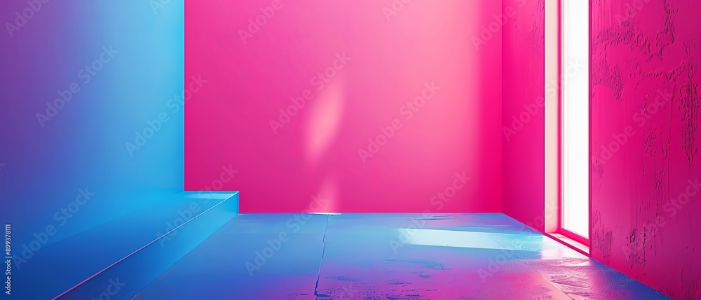 A room featuring pink-and-blue walls, a centrally placed bench in blue and pink hues, and a bright light filtering in from the window A room featuring pink-and-blue walls, a centrally placed bench in blue and pink hues, and a bright light filtering in from the window
