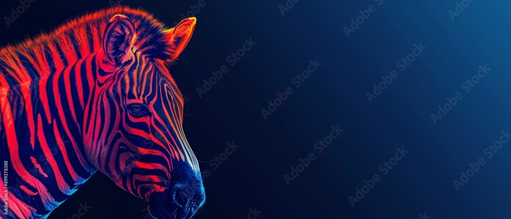 A zebra's head in tight focus against a black backdrop, illuminated by red and blue lights from behind A zebra's head in tight focus against a black backdrop, illuminated by red and blue lights from behind