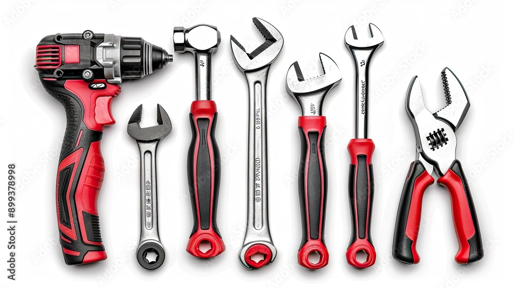 Essential Hand Tools Arrayed Neatly on a White Surface for Home Improvement Projects Essential Hand Tools Arrayed Neatly on a White Surface for Home Improvement Projects