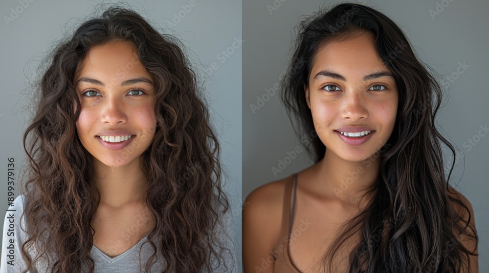 Hair Transformation of Hispanic Woman, Frizzy Hair to Straight Hair, Comparison Split View  
