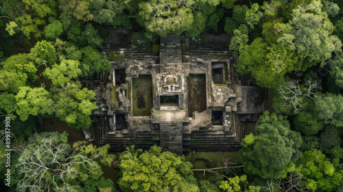 Drone view of the ancient ruins of Tikal nestled in the Guatemalan jungle © supee