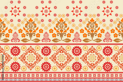 Floral background, geometric oriental seamless pattern, traditional blue, orange, yellow design for background, carpet, wallpaper, clothing, wrapping, batik, fabric, Vector embroidery pattern