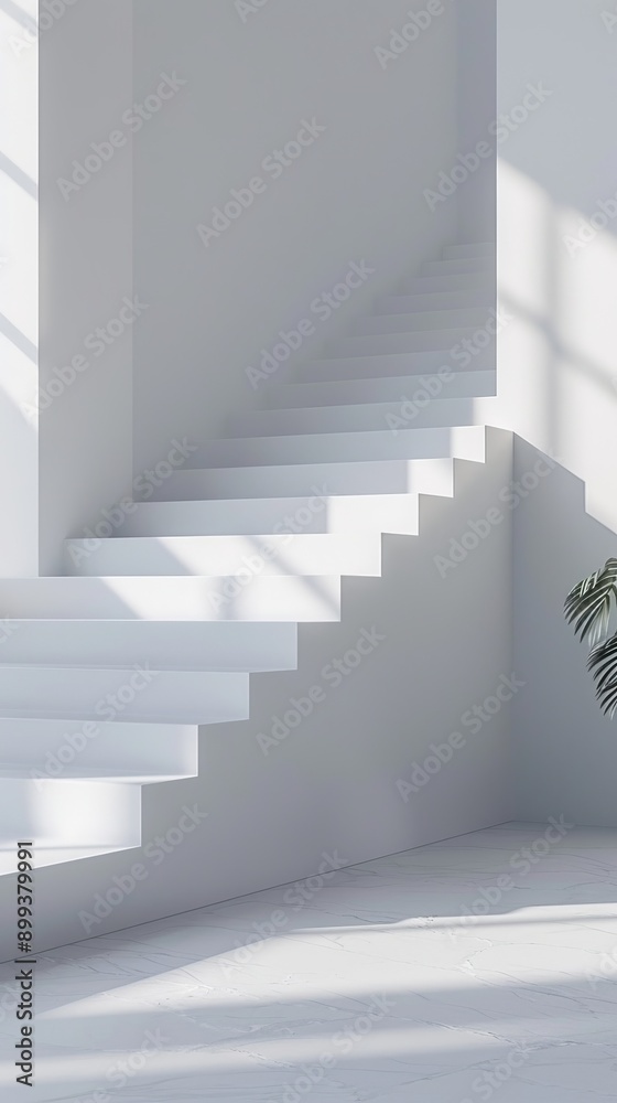 Obraz premium A potted plant atop a white floor, near stairs in a white-hued room