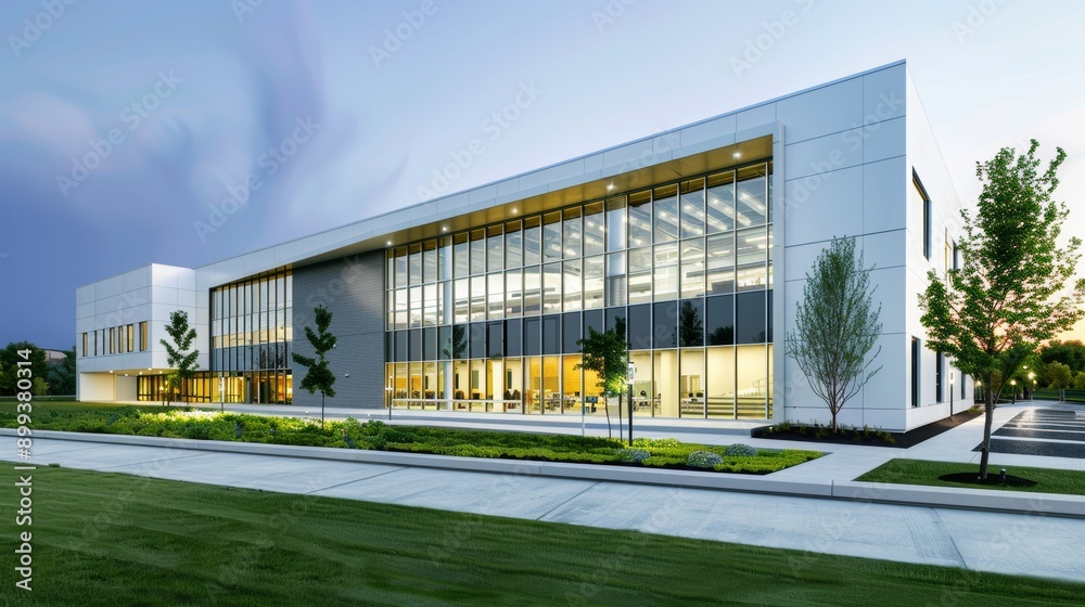 Obraz premium Modern Office Building with Glass Facade and Landscaped Grounds