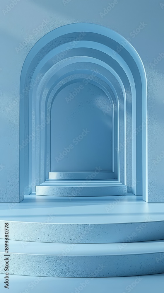 A series of stairs ascends to a central archway in a room boasting a light blue wall background A series of stairs ascends to a central archway in a room boasting a light blue wall background
