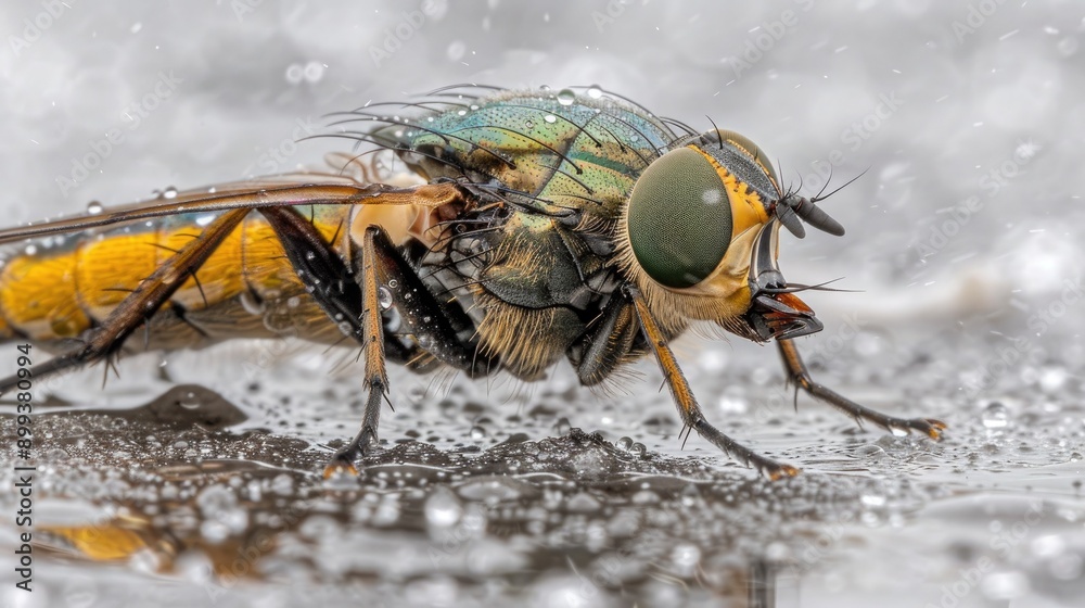 Close-Up View of a Colorful Insect Crawling on Wet Surface After Rain Close-Up View of a Colorful Insect Crawling on Wet Surface After Rain