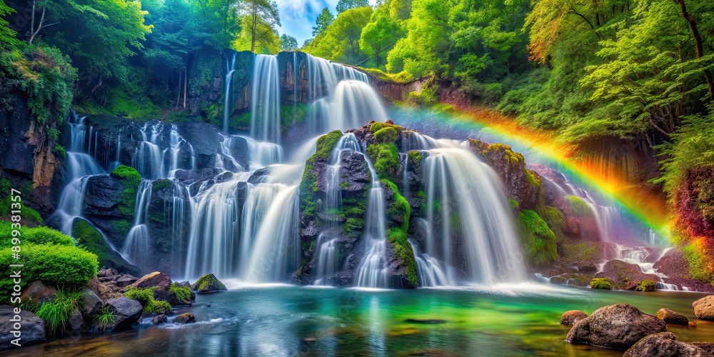 Obraz premium Vibrant rainbow waterfall cascading down rocks in a lush green forest setting, nature, water, colorful, rainbow, serene