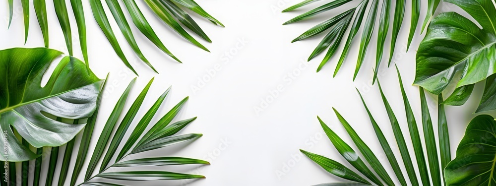 Green palm leaves against a pure white backdrop Text space on the left side or White background, green palm leaves; text area on the left ( Green palm leaves against a pure white backdrop Text space on the left side or White background, green palm leaves; text area on the left (