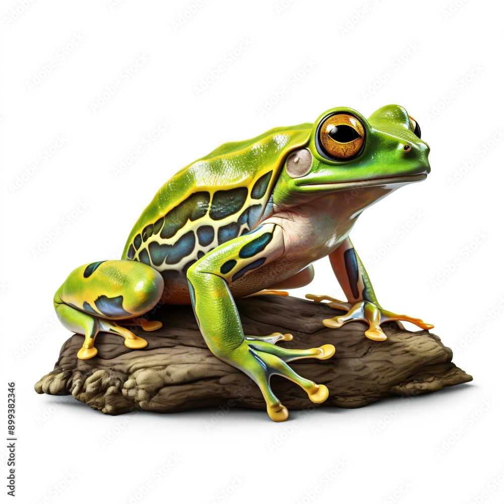 Obraz premium frog sitting on a piece of wood on a white background