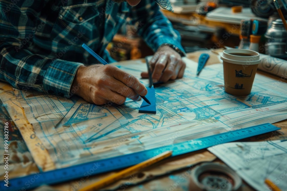Architect working on a detailed blueprint at a cluttered desk with various drafting tools, showcasing precision and creativity in design. Architect working on a detailed blueprint at a cluttered desk with various drafting tools, showcasing precision and creativity in design.