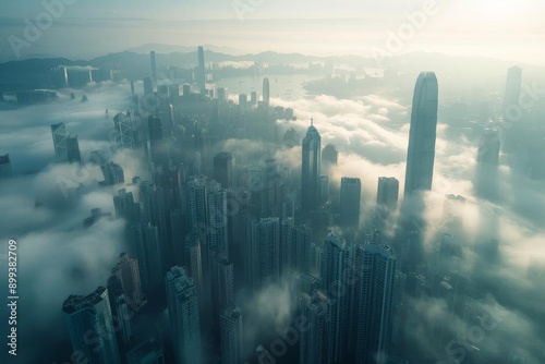 Aerial view of a city skyline shrouded in morning fog with tall skyscrapers piercing through the mist, creating a serene and ethereal atmosphere.