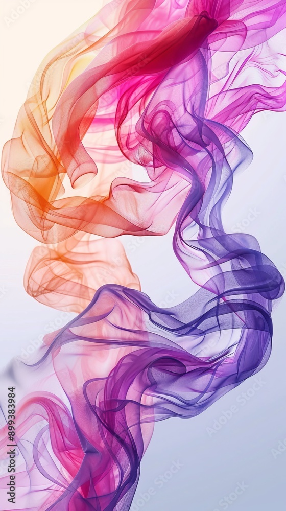 Fototapeta premium Multicolored smoke twirls against a light blue backdrop, its edges subtly reflecting off the surface above, where the smoke ascends, creating a gentle light reflection