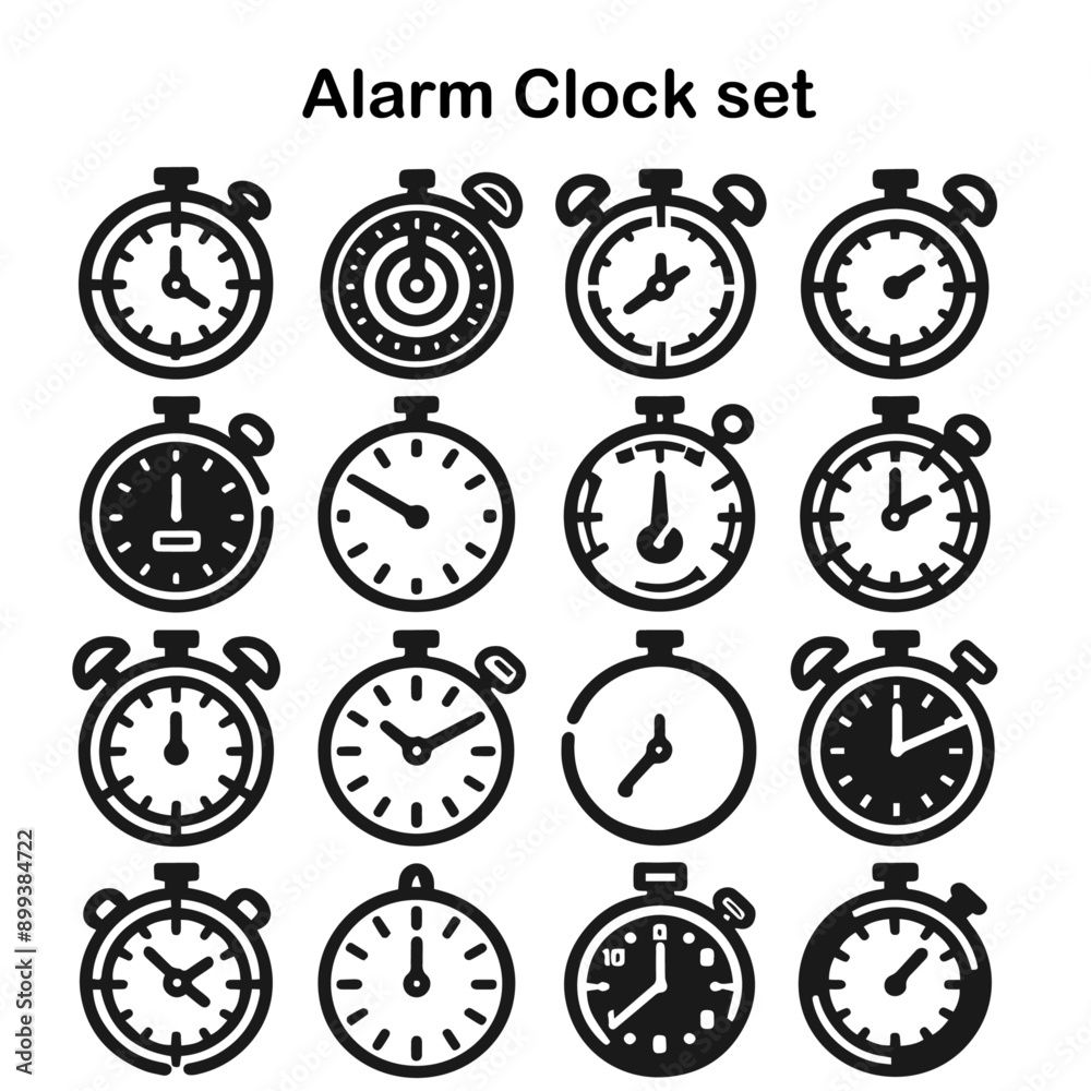 Clean black and white vector silhouette of a Alarm clock set isolated on white background Clean black and white vector silhouette of a Alarm clock set isolated on white background