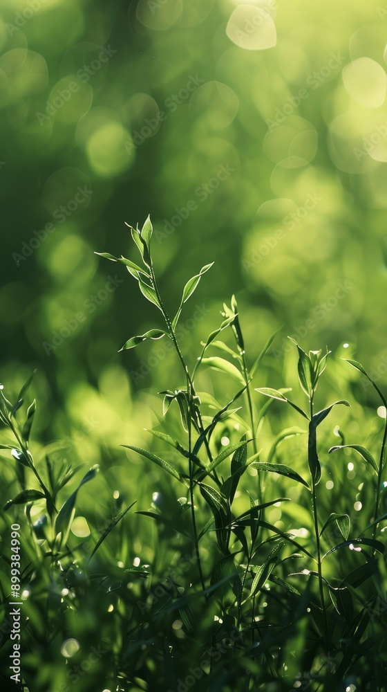 Obraz premium A macro shot of a verdant leafy plant, adorned with water droplets, against a softly blurred backdrop