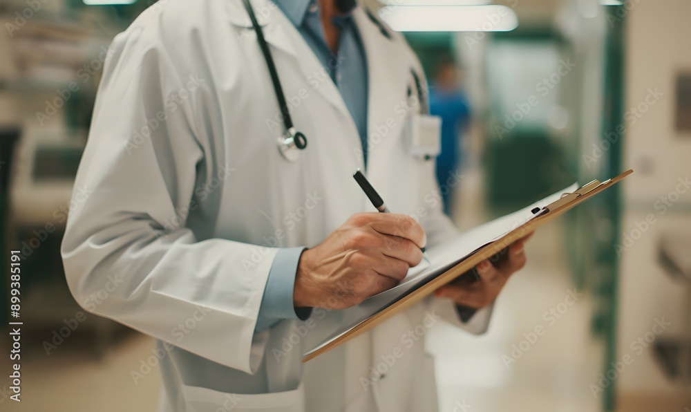 The doctor is holding a clipboard in one hand and a pen in the other hand and writing something down, Generative AI The doctor is holding a clipboard in one hand and a pen in the other hand and writing something down, Generative AI