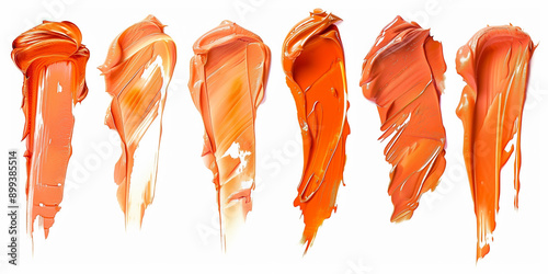 Orange paint lipstick smears set isolated on white background. Orange texture makeup cream stroke. Smudge brush cosmetic pattern lip gloss swatch