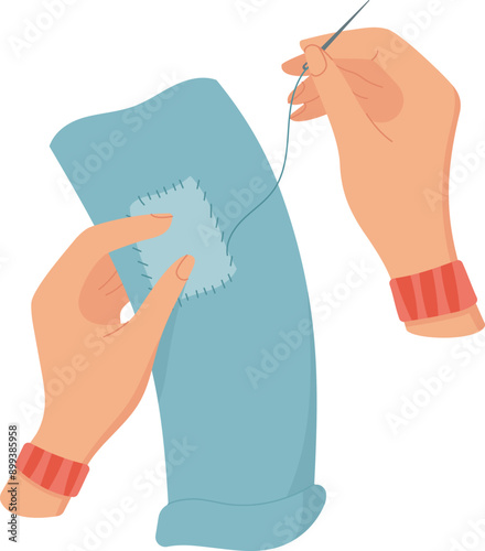 Hands sewing icon, cartoon fashion supplies illustration, flat tailor craft tool element, hand drawn embroidery accessories design, doodle dressmaking decoration object,