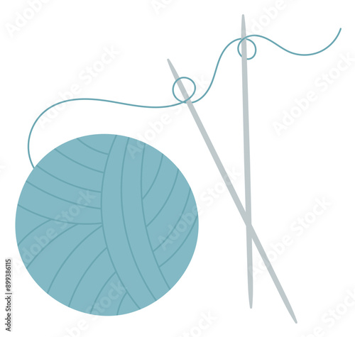 Crochet yarn ball and needle badge, cartoon crochet supplies object, doodle knitting tool element, hand drawn fashion accessories illustration, flat dressmaking decoration design,