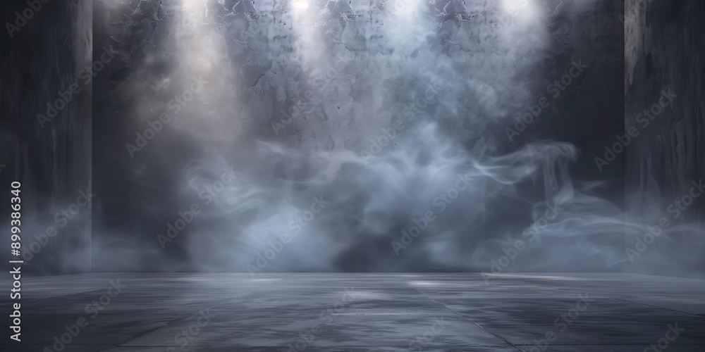 Dark black light 3d empty podium background. Dark abstract studio room scene for product display. Stage desk with smoke behind wall Dark black light 3d empty podium background. Dark abstract studio room scene for product display. Stage desk with smoke behind wall