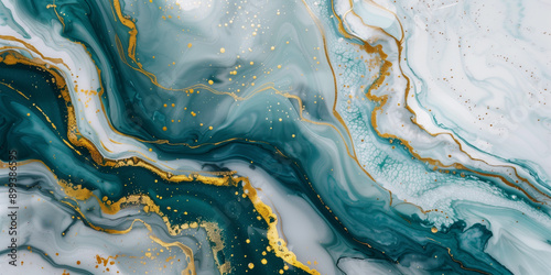 Suminagashi marble green gold ink abstract background. Pastel emerald golden liquid ebru brush texture pattern. Winter oriental Chinese acrylic painting stone paper texture