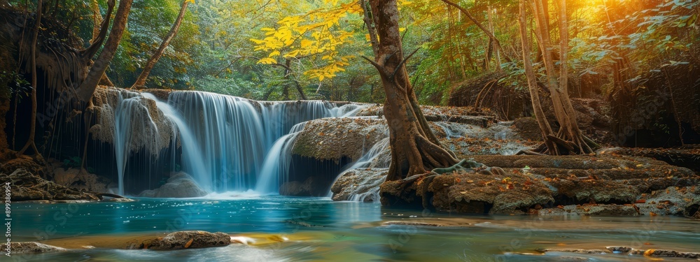 Fototapeta premium A waterfall painted in a forest's heart, blue pool preceding