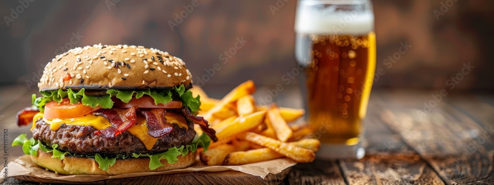 A hamburger and fries on a table next to two glasses – one filled with beer A hamburger and fries on a table next to two glasses – one filled with beer