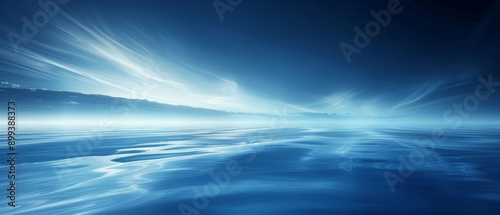  A expansive water body, dotted with clouds above, and a foreground of reflective water surface, accompanied by structures in the backdrop © Mikus