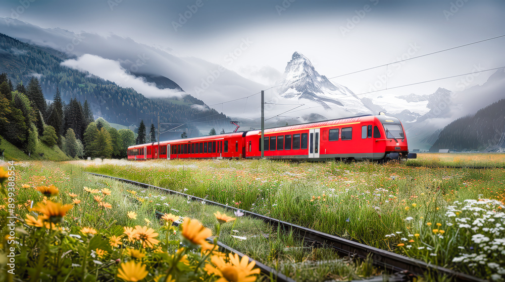 Modern red train traversing through a breathtaking landscape with majestic mountains in the background epitomizing travel in a serene alpine setting Wallpaper Background Poster Modern red train traversing through a breathtaking landscape with majestic mountains in the background epitomizing travel in a serene alpine setting Wallpaper Background Poster