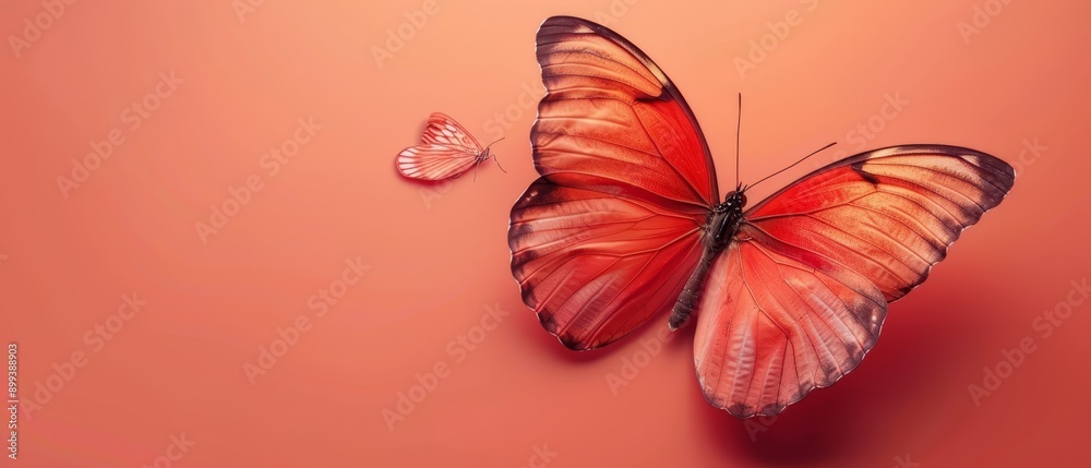 Obraz premium A red butterfly, in sharp focus, rests atop a pink backdrop In the image's heart, another smaller butterfly resides