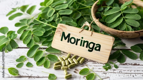 Moringa leaves and supplements capsules. Selective focus.