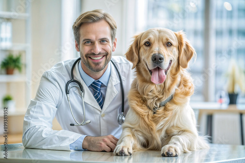 Smiling Veterinarian with Happy Golden Retriever in Modern Clinic