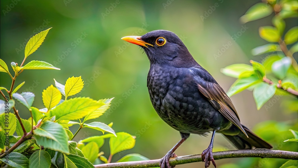 Blackbird perched on a leafy branch, blackbird, bird, branch, nature, wildlife, feathered, songbird, outdoors, perched, animals Blackbird perched on a leafy branch, blackbird, bird, branch, nature, wildlife, feathered, songbird, outdoors, perched, animals