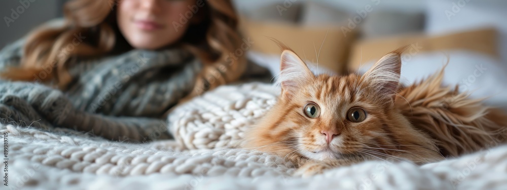A woman lies on the bed with a cat arching its back above her Another cat rests atop the bed A woman lies on the bed with a cat arching its back above her Another cat rests atop the bed