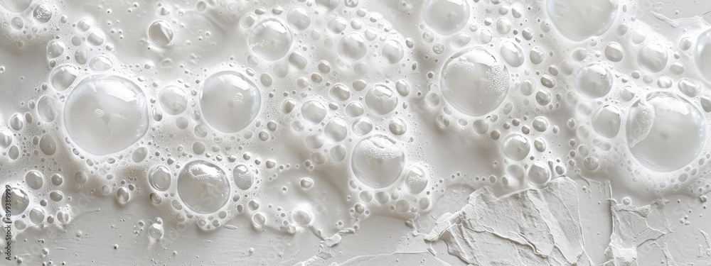 A tight shot of water drops on a white backdrop, featuring white circle patterns to its left side A tight shot of water drops on a white backdrop, featuring white circle patterns to its left side